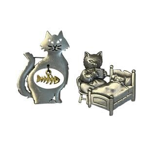 JJ Silver Tone Cat Brooches Bedtime Fish Set of 2